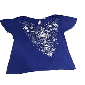 Rue Juju Embroidered Boho Top Womens XL Blue Short Sleeve Keyhole Back Excellent